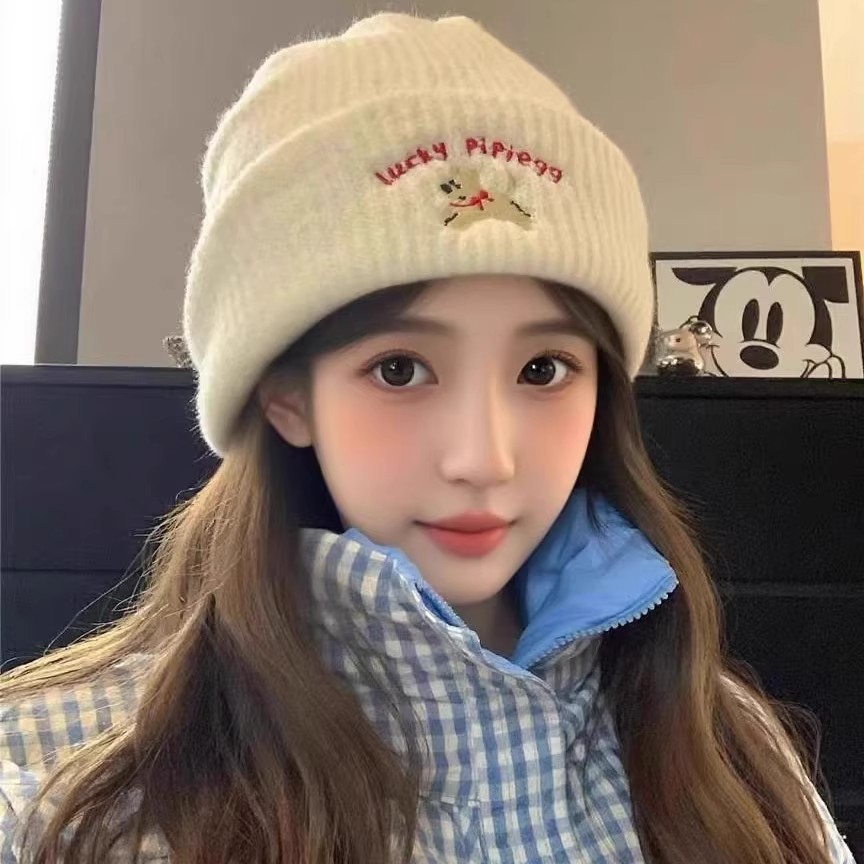 หมวกไหมพรมถักปักลายลูกสุนัขน่ารักสำหรับผู้หญิง เหมาะสำหรับฤดูหนาว