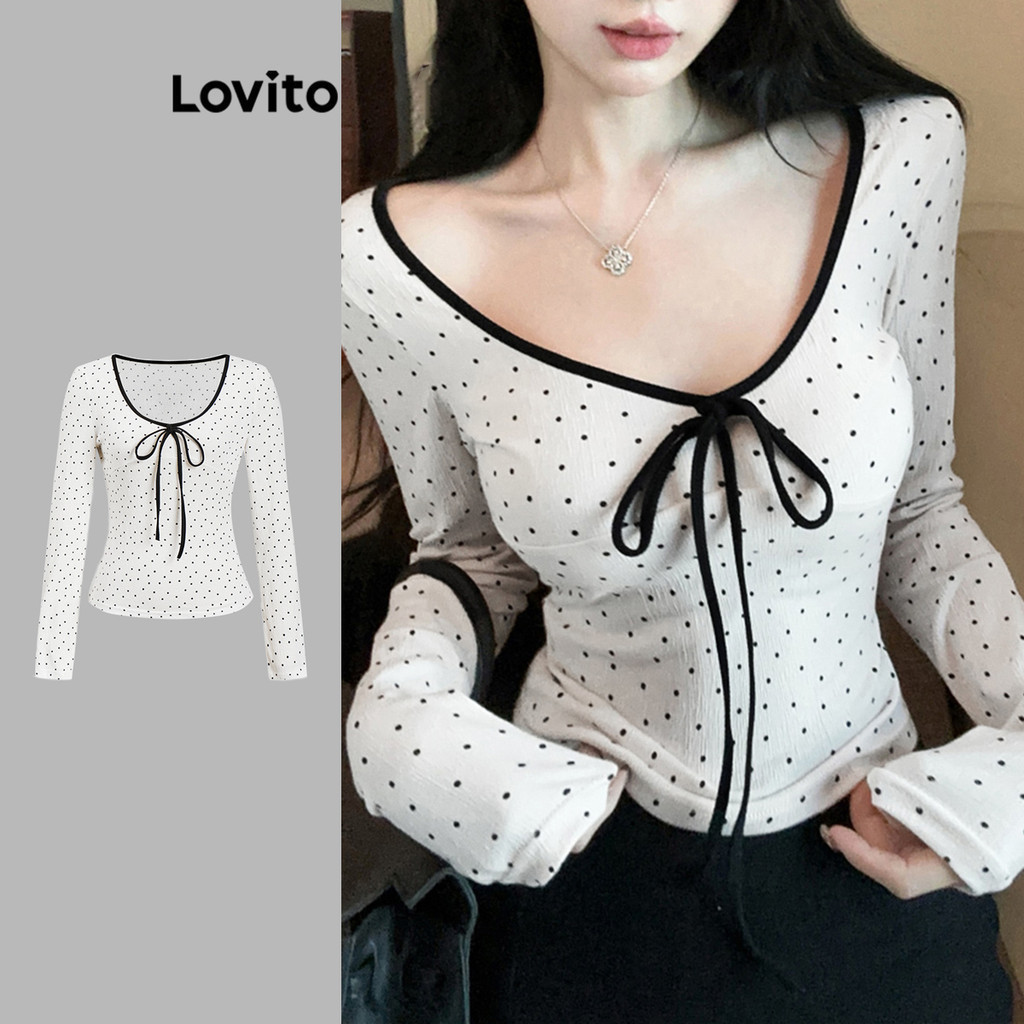 Lovito เสื้อยืดลําลอง ลายจุด โบว์ สีตัดกัน การผูกมัด ฤดูร้อน/ฤดูใบไม้ผลิเสื้อยืดสําหรับผู้หญิง L110A