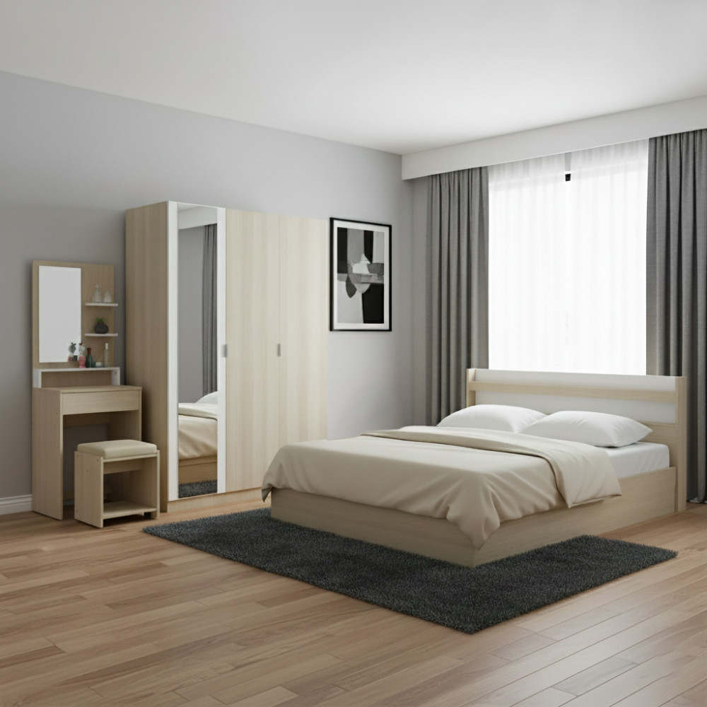 Furinbox ชุดห้องนอน รุ่นแชมป์ ขนาด 5 ฟุต  - สีไลท์ วู้ด/ขาว