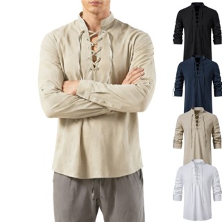 ผู้ชายผ้าฝ้ายผ้าลินินเสื้อแขนยาว Retro Lace Up Banded Collar…