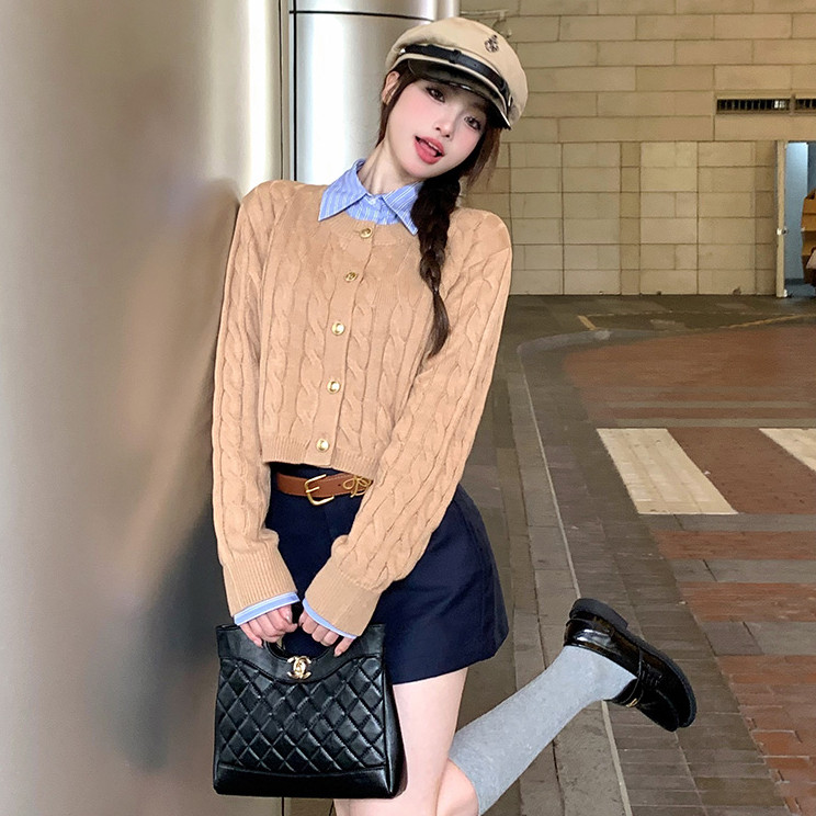 Bived เสื้อถักสตรี แขนยาว เสื้อกันหนาว เสื้อสเวตเตอร์ถัก สลิม สั้น ด้านบน ผ้าหนา