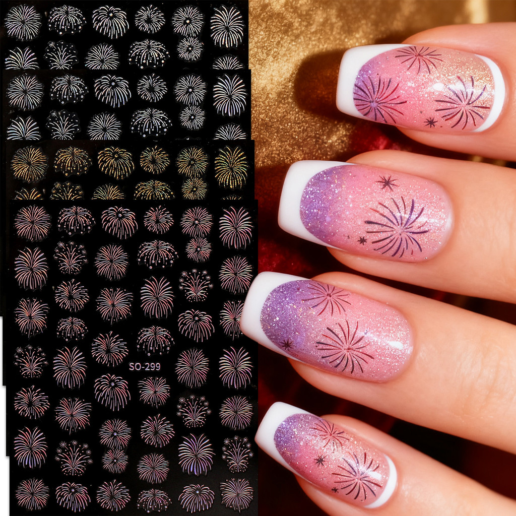HAMA NAIL สติ๊กเกอร์ติดเล็บขายส่ง ดอกไม้ไฟปีใหม่ Nail Art, สติ๊กเกอร์ติดเล็บกลิตเตอร์สีเลเซอร์, ตกแต่งเล็บสําหรับเจ้าสาวและงานแต่งงาน