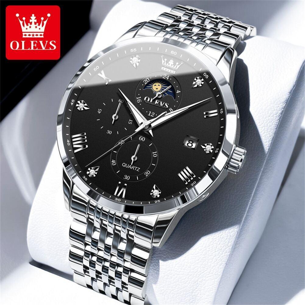 OLEVS มะกอก นาฬิกาสําหรับผู้ชายเดิมแฟชั่นและสง่างามเพชรดวงจันทร์เฟสหน้าปัดกันน้ําส่องสว่างปฏิทินเวลา