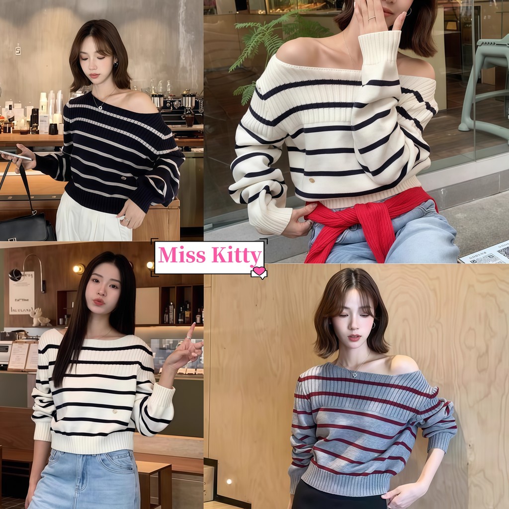 🎀Miss Kitty เสื้อไหมพรมเปิดไหล่แขนยาวเกาหลีสไตล์ ลายทาง ผ้าใส่สบาย