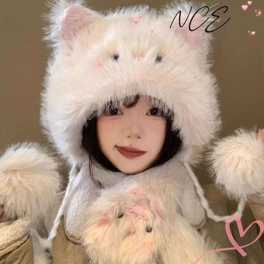 NCE ผ้าพันคอขนกระต่ายเทียม,กันลมหนาปุยแบบบูรณาการหมวกผ้าพันคอ,น่ารักการ์ตูนแมวนุ่มคอคอปกสาวของขวัญ