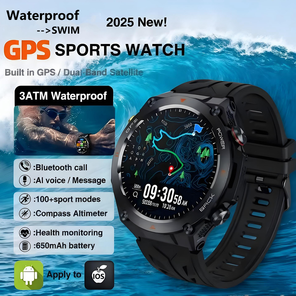ใหม่ GPS กีฬากลางแจ้งสมาร์ทนาฬิกาผู้ชาย GPS 3ATM เข็มทิศกันน้ํา Make/รับโทรศัพท์ 650Mah แบตเตอรี่ Sm