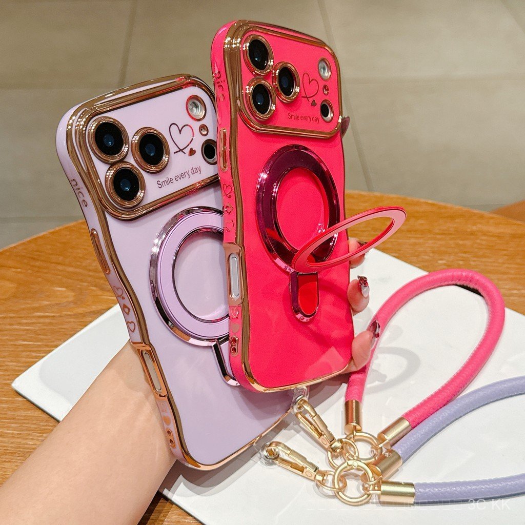 สายคล้องคอโทรศัพท์ กันกระแทก ตัวเคสลายคลื่นพร้อมหัวใจโลหะสวยงาม ทนทาน ใส่กระเป๋าได้พอดี สำหรับ iPhone 17 Pro Max 16 15 14 13 12