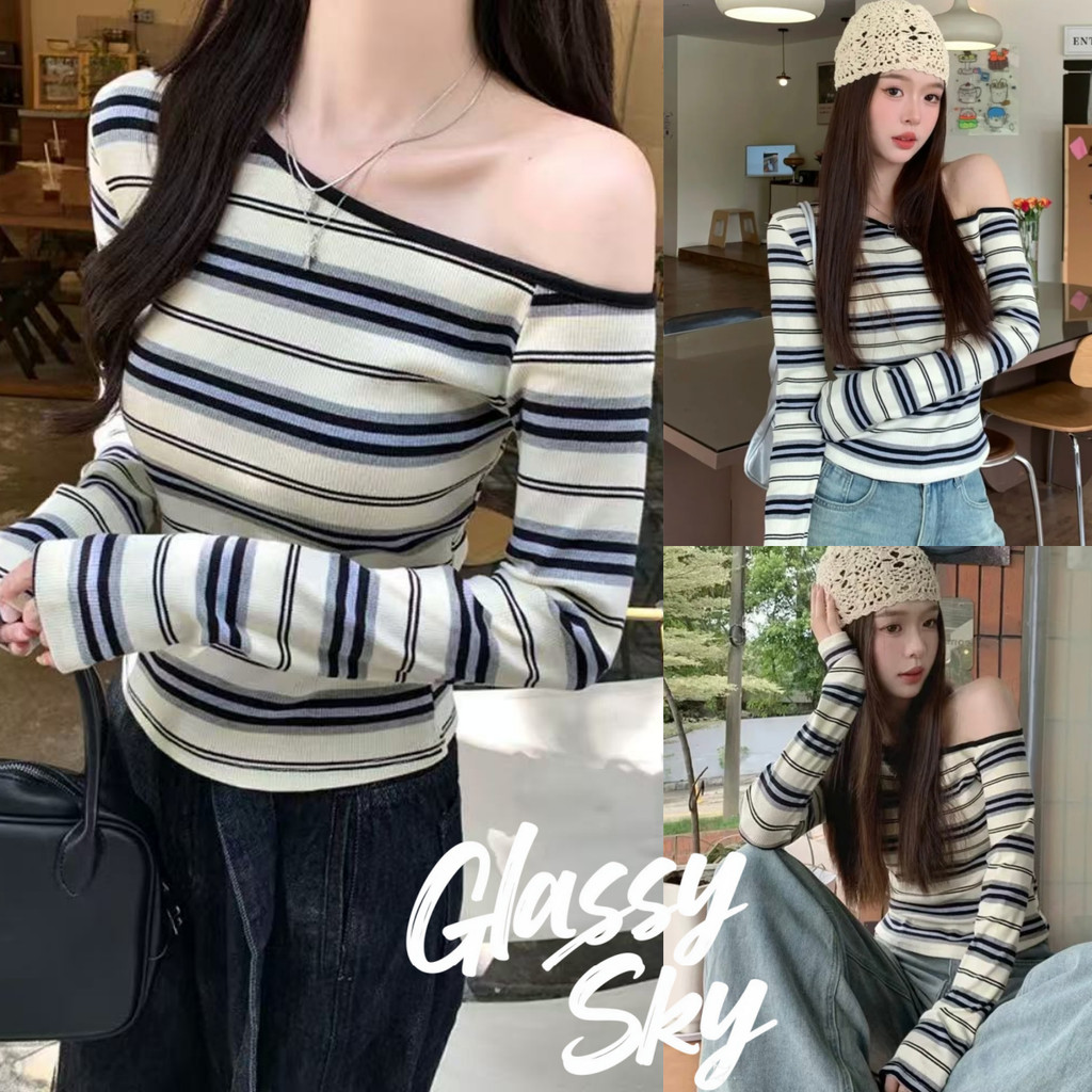 Glassy Sky พร้อมส่ง😜เสื้อแขนยาว เสื้อเปิดไหล่แขนยาว น่ารักมากๆ ลายทางสีครีมยืดใส่ง่าย เที่ยวทำงานสบาย(FY6950)