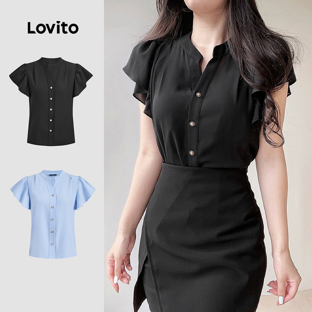 Lovito เสื้อเบลาส์ลำลองผู้หญิง ทรงเรียบ ติดกระดุม ระบาย ฤดูร้อน/ฤดูใบไม้ผลิ L129AD1030