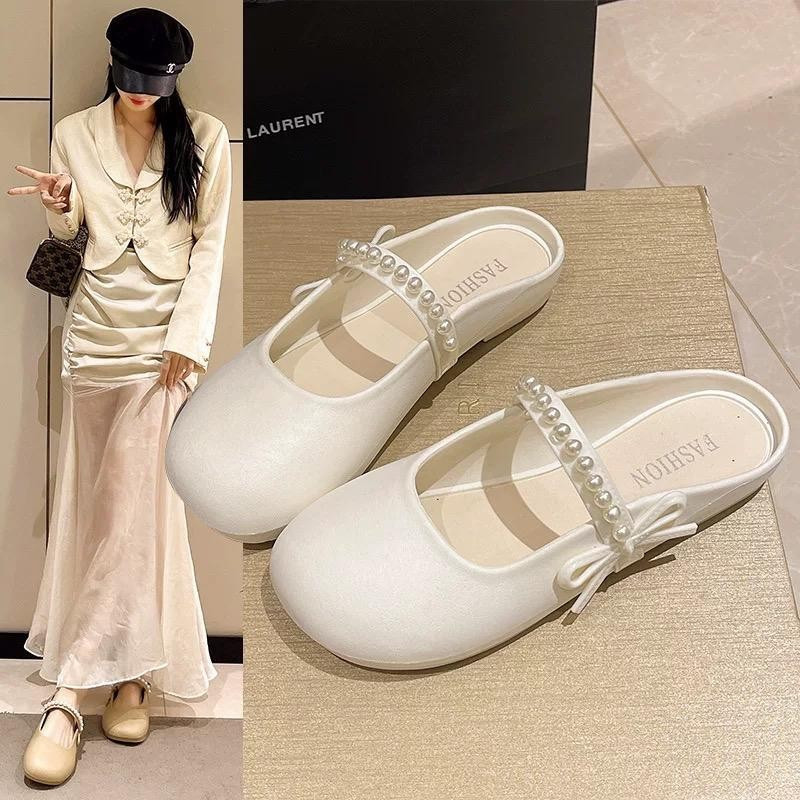 icy.sport พร้อมส่งจากไทย【X214】รองเท้าคัชชูแต่งสายไข่มุกสไตล์วินเทจสวยหวานน่ารักสีพื้นเรียบๆ