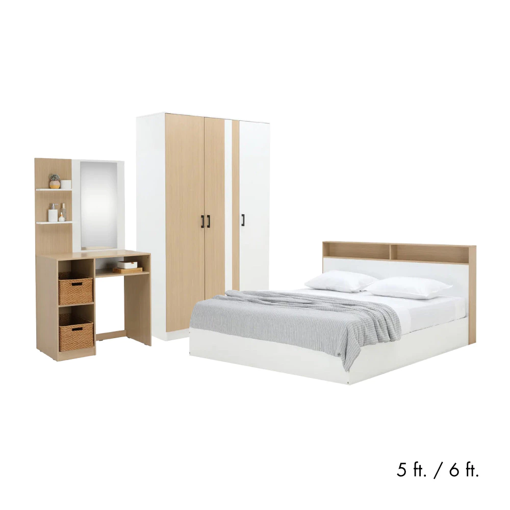 HomeHuk ชุดห้องนอน รุ่นคาร์เนชั่น+แมกโนเลีย (เตียง, ตู้เสื้อผ้า 3 บาน, โต๊ะเครื่องแป้ง) - สีขาว/ธรรมชาติ