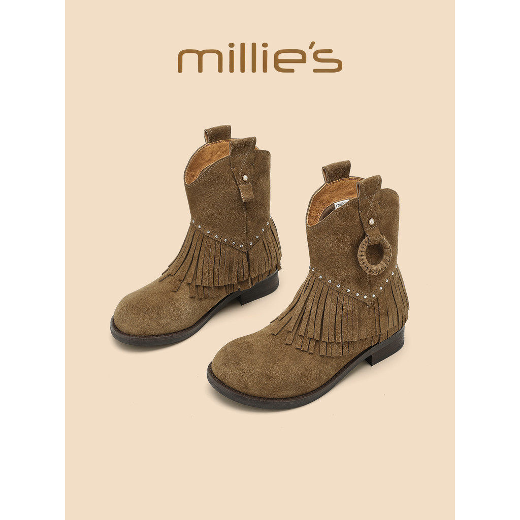 Millies Miaoli รองเท้าผู้หญิง Nubuck หนัง Retro Western Knight สแควร์ Toe แฟชั่น