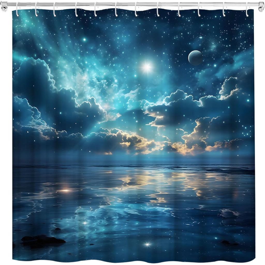 แฟนตาซี Ocean ผ้าม่าน Night Sky Clouds ดาวสีน้ําเงินเข้มธรรมชาติ Seascape Nautical Moon Sea Waves Dr
