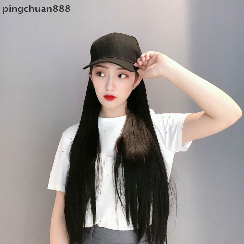 Pingchuan888 แฟชั่น ck หมวกเบสบอลพร้อมวิกผม One Piece ผู้หญิงฤดูร้อนสังเคราะห์ผมยาวตรงหมวกปรับได้วิก