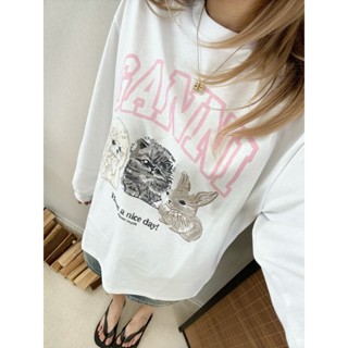 การ์ตูนกระต่ายพิมพ์กราฟิกผู้หญิงคอกลมแขนยาวเสื้อยืดนุ่มพรีเม…