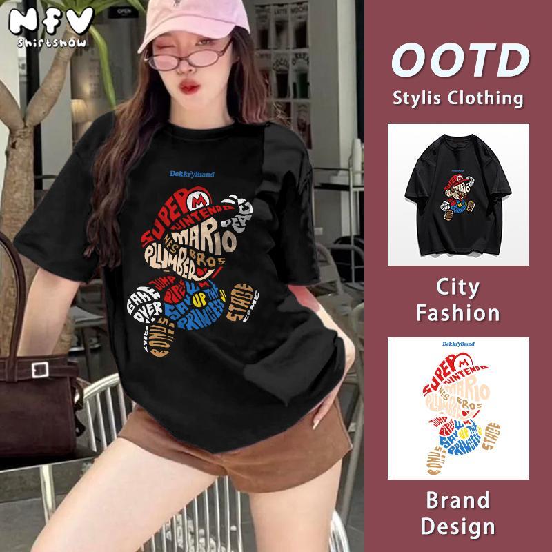 NFV พร้อมส่งลายพิมพ์มาริโอ้ คอเสื้อยืดผู้หญิง โอเวอร์ไซซ์ ระบายอากาศ ผ้าคอตตอน 100% ใส่สบาย