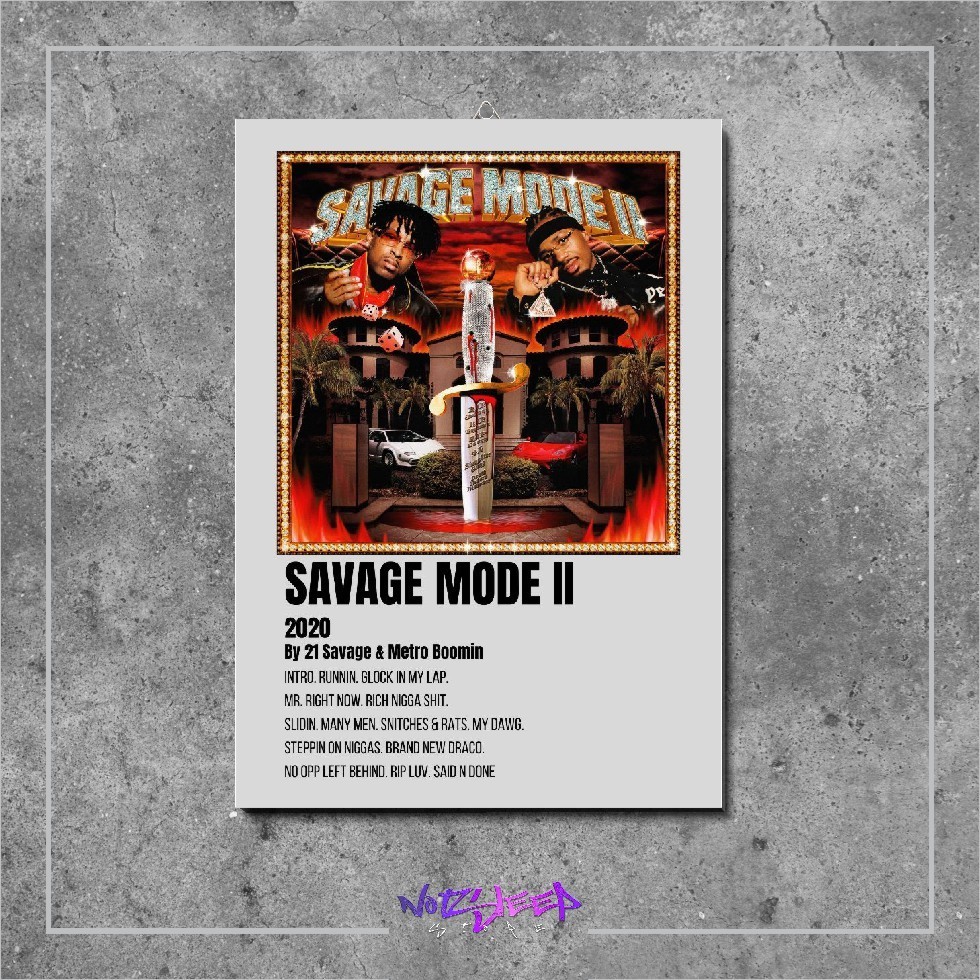 โปสเตอร์ไม้ อัลบั้มพร้อมฝาครอบเพลงและเพลง Savage Mode 2 โดย 21 Savage & Metro Boomin โปสเตอร์ติดผนัง