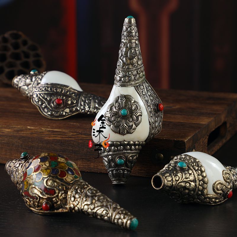 เนปาลนําเข้า Handmade ทองแดง-Covered Conch ธรรมชาติขวา-เกลียว Conch เครื่องประดับตกแต่งบ้านฝัง Turqu