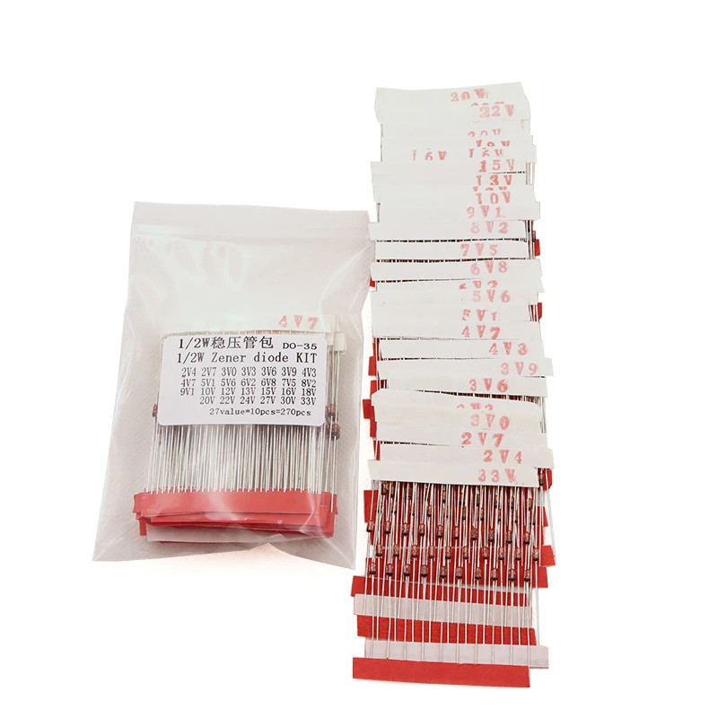 (2V4 ถึง 33V) 270 ชิ้น 27 ค่า 1/2W 0.5W Zener Diode Assorted kit Assortment Set ใหม่