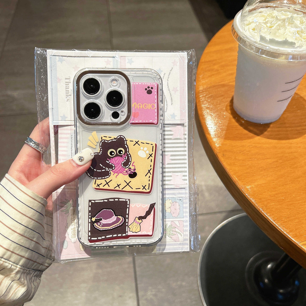 Ins เส้นสีดําแมวรูปแบบโปร่งใส Anti-Fall เคสโทรศัพท์สําหรับ iPhone 16 Promax 15 Promax 12 13 Mini 14plus 11 Pro Max X XS XR XS Max 7 8 plus Se2020