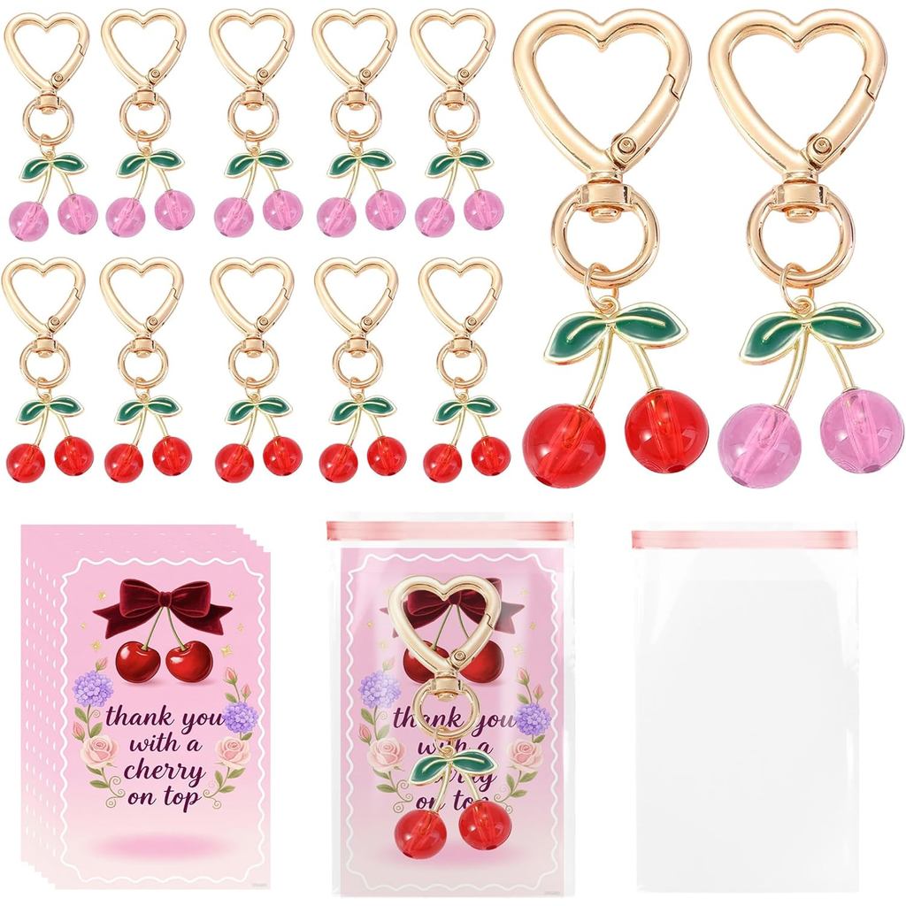 30 Sets Cherry Keychain Party Favors Gifts Fruit Cherries Keyring with Greeting Cards and Bags Thank