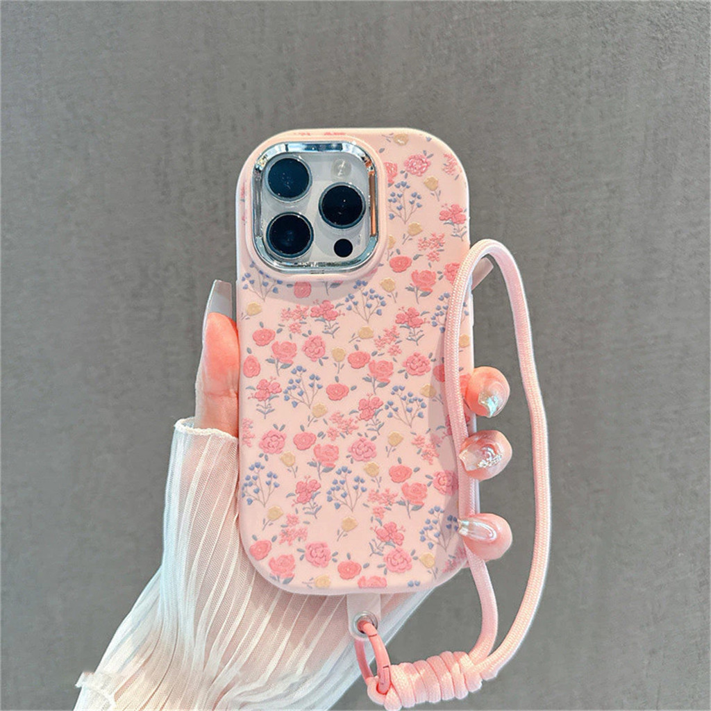 เคสไอโฟน สำหรับ IPhone 17 Air 16 15 11 13 12 14 Pro Max XR เคสโทรศัพท์แบบมีสายคล้อง Pink Flowers CH1
