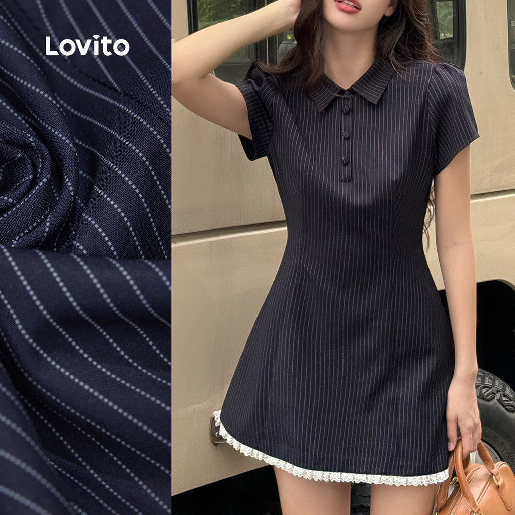 (NEW) Lovito ชุดเดรสผู้หญิงลำลองแบบกระดุมลูกไม้ สีกรมท่าสำหรับฤดูใบไม้ผลิ/ฤดูร้อน L151AD311