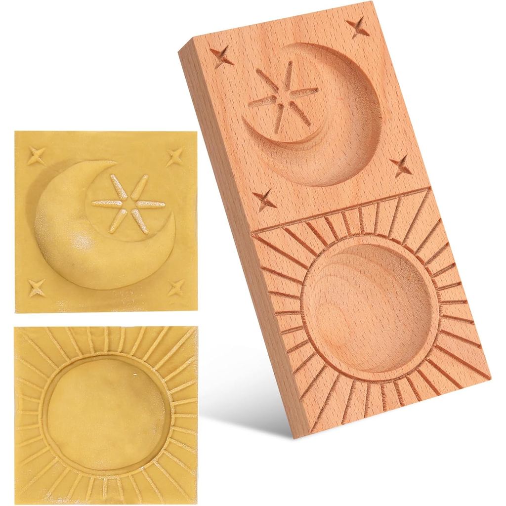 Wooden Ravioli Mold - Handmade Pasta Press Board - Sunburst & Moon