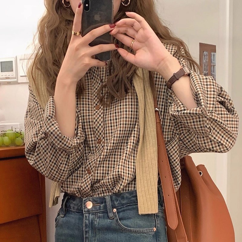 เสื้อเชิ้ตแขนยาวผ้าฝ้ายแท้สำหรับผู้หญิง ปกโปโล ดีไซน์คาร์ดิแกนลายสก็อต เหมาะสำหรับสวมใส่ในฤดูใบไม้ผลิและฤดูใบไม้ร่วงW689 - รูปที่ 2