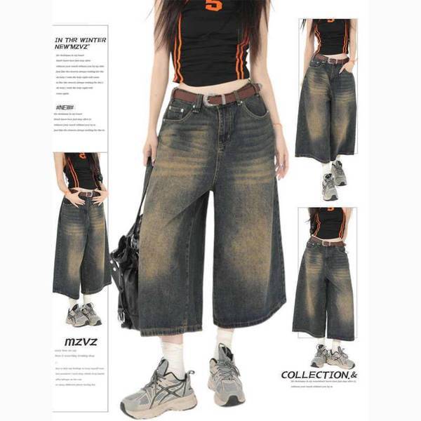 jinn jeans กางเกงยีนส์ขายาว กางเกงยีนส์ขากว้างทรงสูงสไตล์อเมริกัน7จุดสำหรับผู้หญิงกางเกงยีนส์ขาตรงเอ