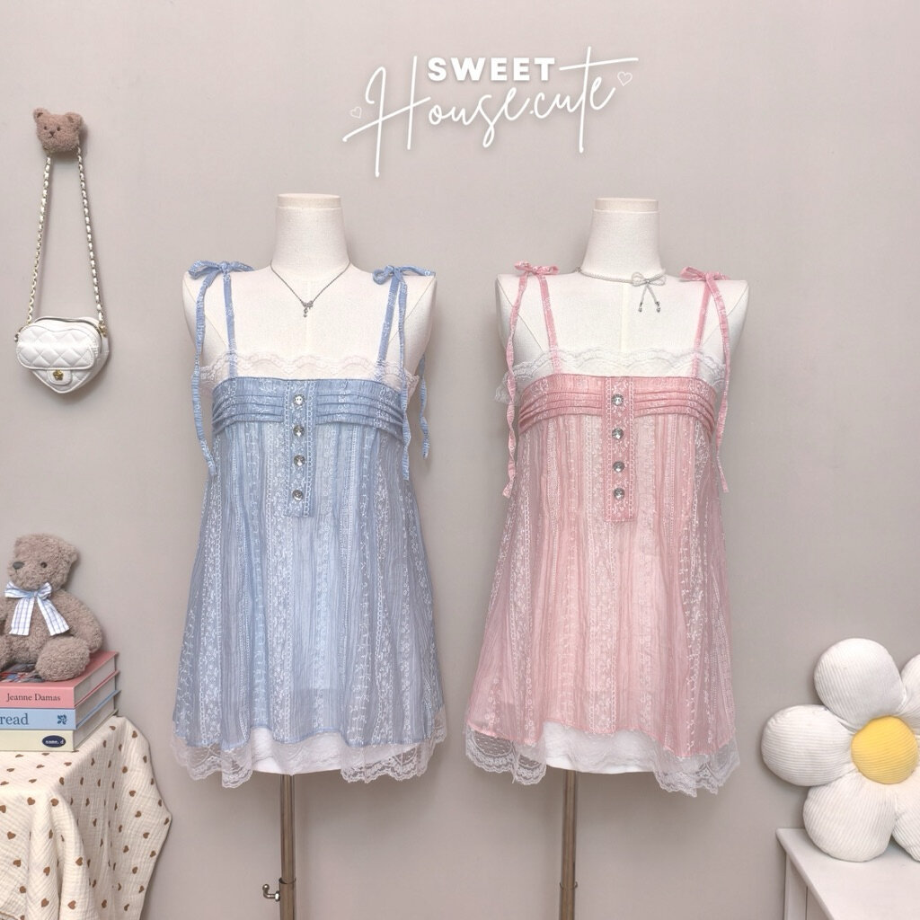 SweetHouse #669   เสื้อสายเดี่ยวแต่งลูกไม้ ผ้า Rossy (ผ้าบางมีซับใน) ผูกบ่าระบายลูกไม้แต่งกระดุมเพชรน่ารักมากกก ราคา ถูกที่สุด ดีลบีเคเค แกลเลอรีภาพที่ 2