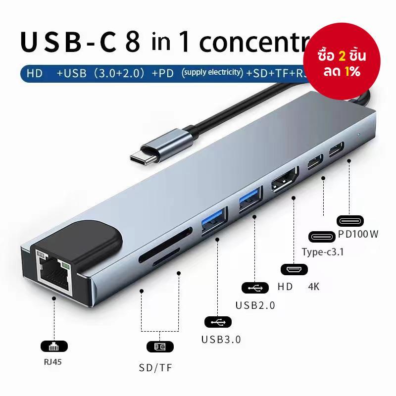 USB 3.1 ประเภท Ctype c ถึงสาย hdmi สําหรับทีวี Hub 4K HDMI พร้อม RJ45 SD/TF Card Reader PD Fast Char