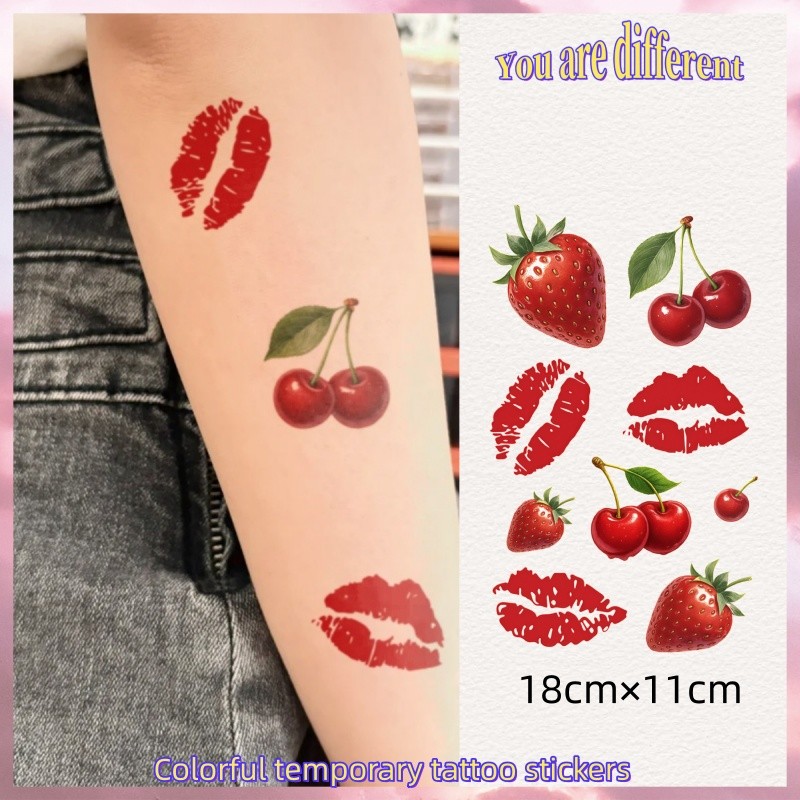 สติกเกอร์รอยสักปลอมลายสตรอเบอร์รี่ สำหรับสาวๆ ติดทนนาน 7 วัน