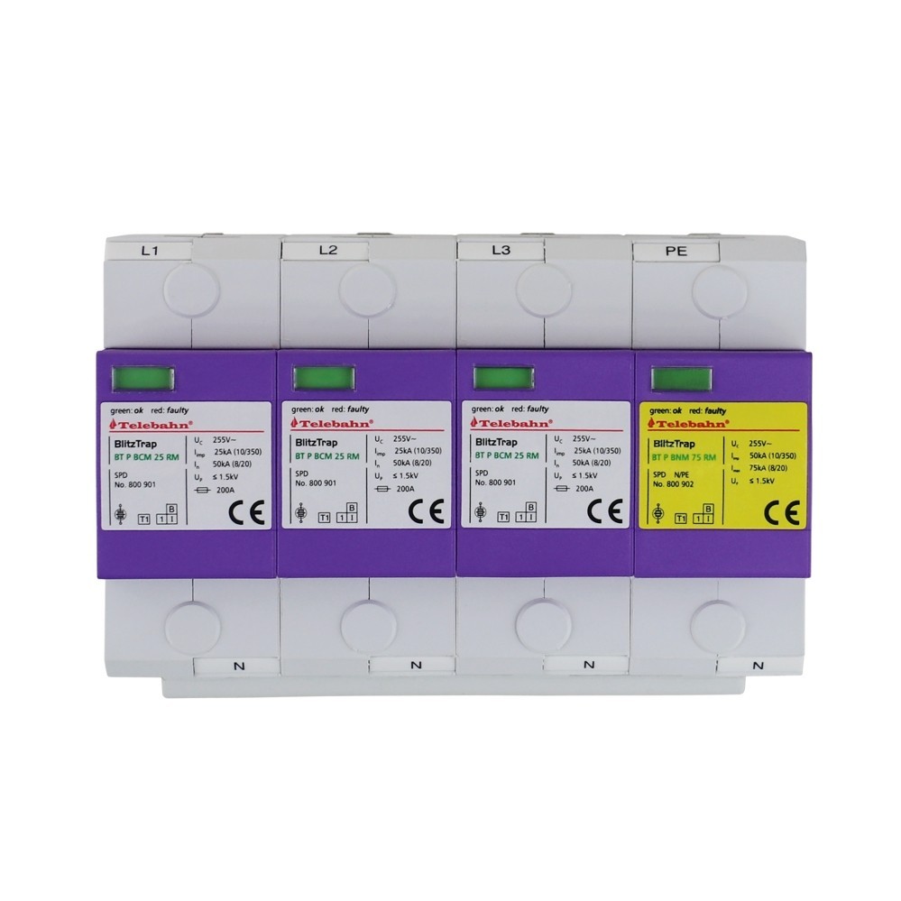 โรงงานเดิม Telebahn T1+T2 AC SPD 230V/400V/255V 25kA 50kA 75kA 100kA สามเฟส TT3+1 /TN-S Surge Protec