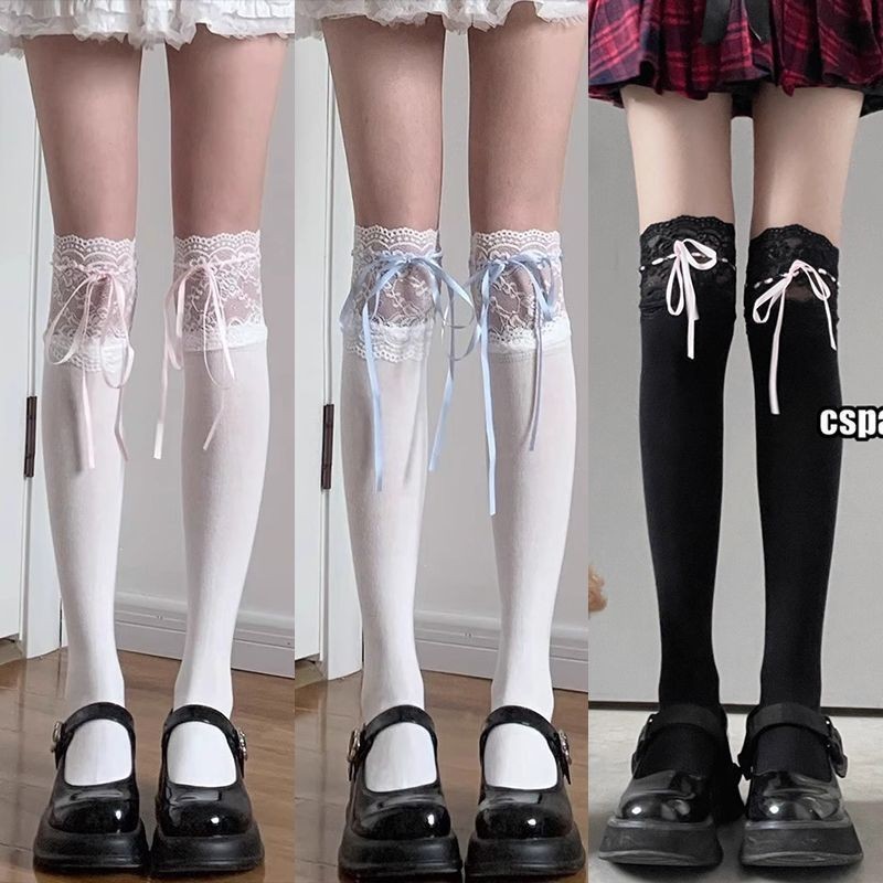 ⭐ส่งใน24ชม ถุงเท้าลูกไม้หวานสไตล์ญี่ปุ่น ถุงเท้ายาวถึงเข่าเจเค ตกแต่งโบว์ ดีไซน์กลวง สไตล์โลลิต้า