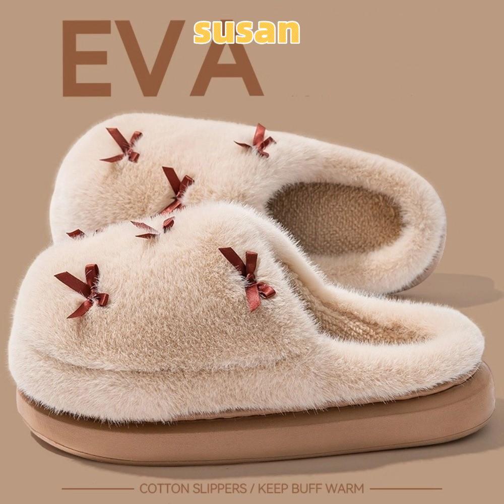 รองเท้าแตะบ้านสำหรับผู้หญิง ออกแบบมาพร้อมโบว์หนา มีระบบทreten และพื้นรองเท้าภายในเป็นขนแกะอุ่นๆ