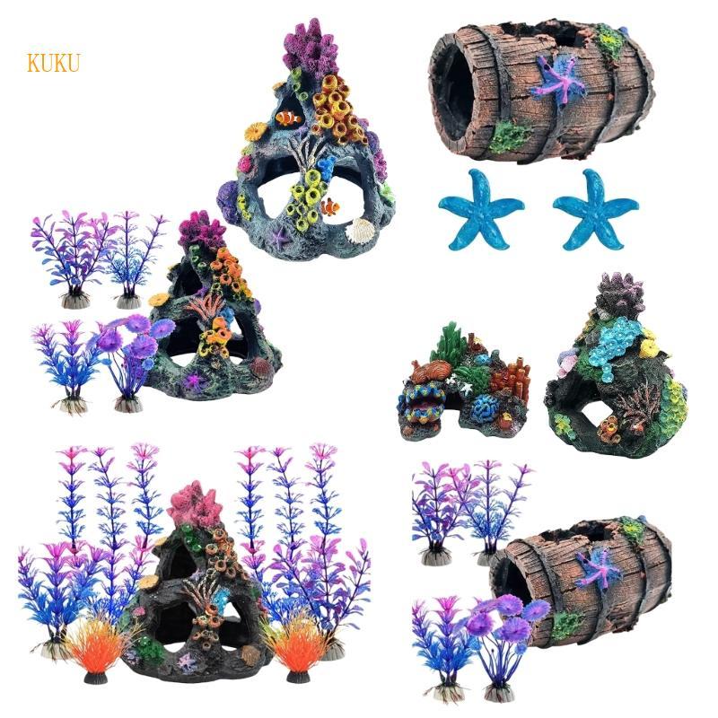 KU* ที่สมจริง Aquariums Decors ชุดสังเคราะห์เรซิ่น Fishtanks เครื่องประดับสําหรับ Home Office