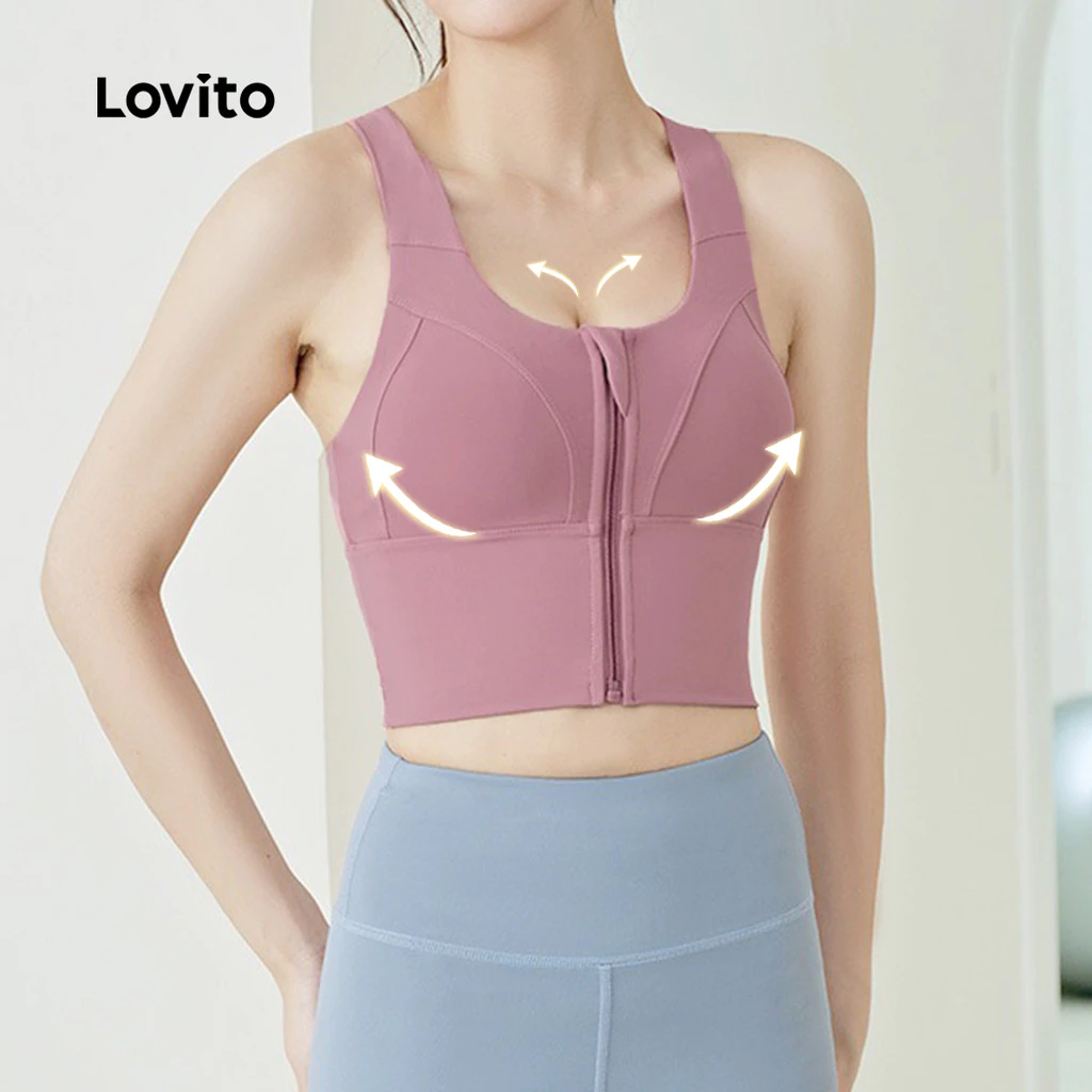 Lovito สปอร์ตบรา ซิปเปอร์ พุชอัพ ยืดหยุ่น 4 ทิศทาง สีฟ้า LNA129036 thumbnail 4