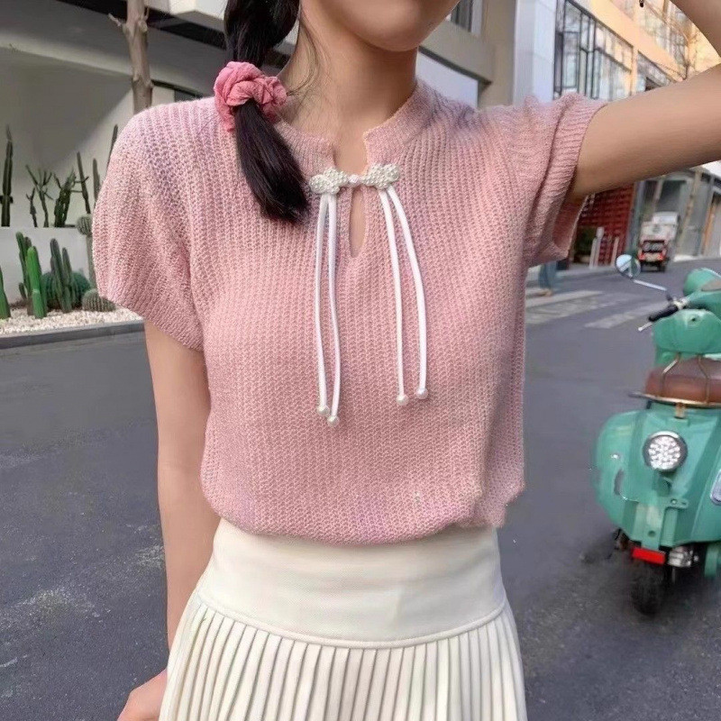 新中式盘扣 圆衫女夏季短袖衬衫女夏季百搭裙子遮肉显瘦开衫ผู้หญิงใหม่สไตล์จีนรอบคอแขนสั้นถักเสื้อยืดMRF