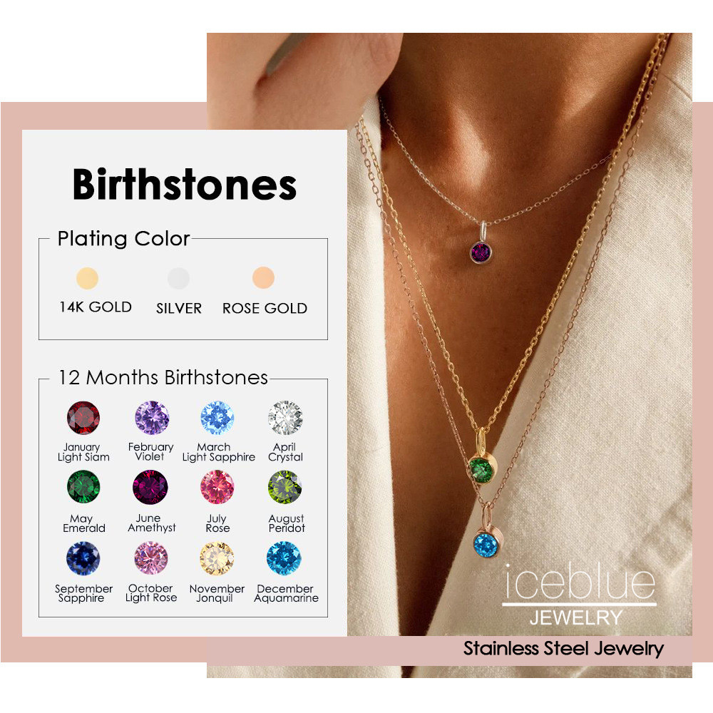 Iceblue-Colorful Zircon Birthstone จี้สร้อยคอยุโรปสไตล์อเมริกัน 14K Gold Plated สแตนเลสกันน้ํา Non Tarnish สําหรับผู้หญิง N195