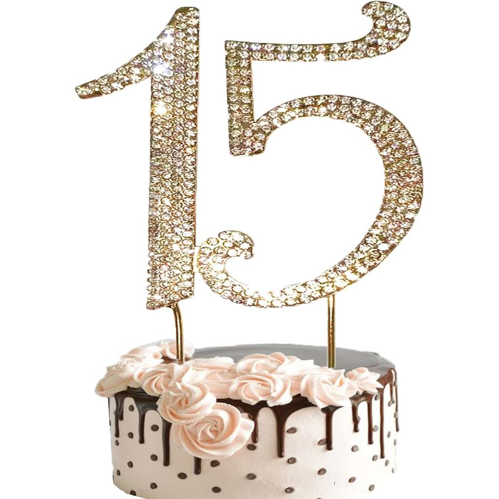 Quinceanera Cake Topper, 15th Cake Topper with Sparkly Crystal Rhinestone, Glaring Golden Diamond Bi