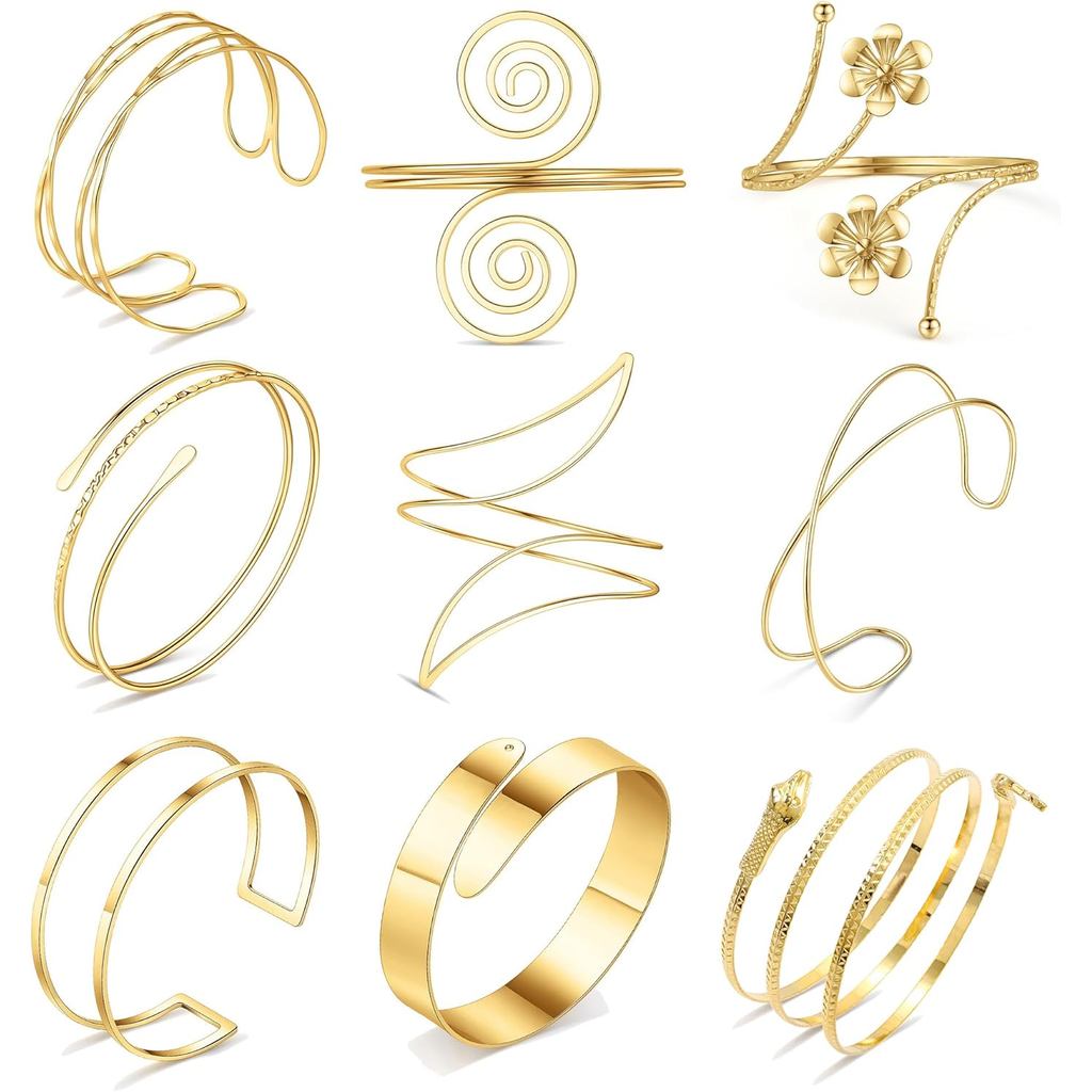 9PCS Golden Arm Cuff Jewelry for Women Upper Arm Cuff Bangle Band Armlet Adjustable Arm Golden Cuff 