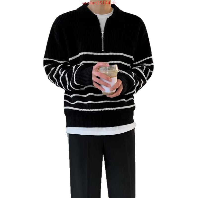 MNO.9 Sweater Z29 เสื้อสเวตเตอร์ไหมพรม แขนยาว คอปก แต่งซิป ลายทาง เสื้อกันหนาว เสื้อคลุมชาย สินค้าพร