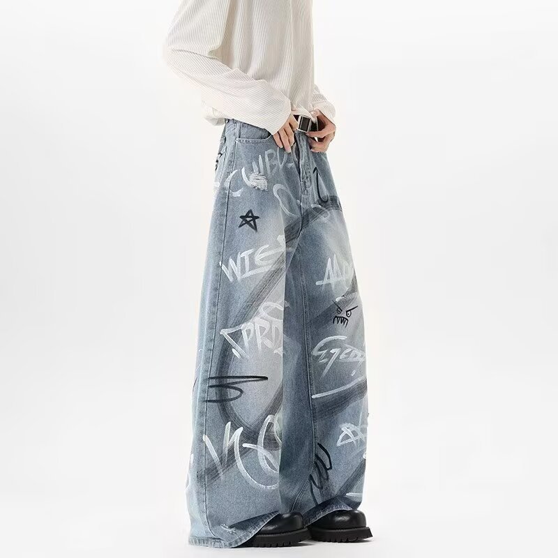 Suikone กางเกงยีนส์ผู้ชาย สไตล์อเมริกัน Street style Fun Graffiti design คุณภาพสูง Unisex fit — صورة 5