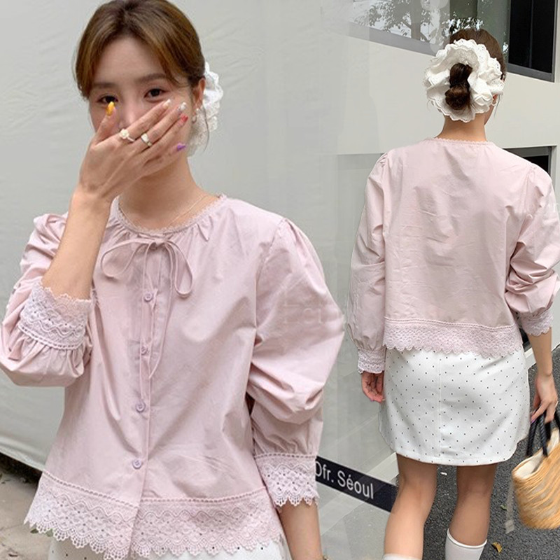 เสื้อเชิ้ตแขนพองสีชมพูสำหรับผู้หญิง คอกลม ตกแต่งด้วยโบว์และลูกไม้โครเชต์ เหมาะสำหรับสวมใส่ในฤดูใบไม้ร่วง99230