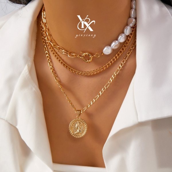 YX Portrait Pearl Layered สร้อยคอ 3 ชั้น Y2K ความงามเครื่องประดับผู้หญิง Minimalist Dainty Gold Chok