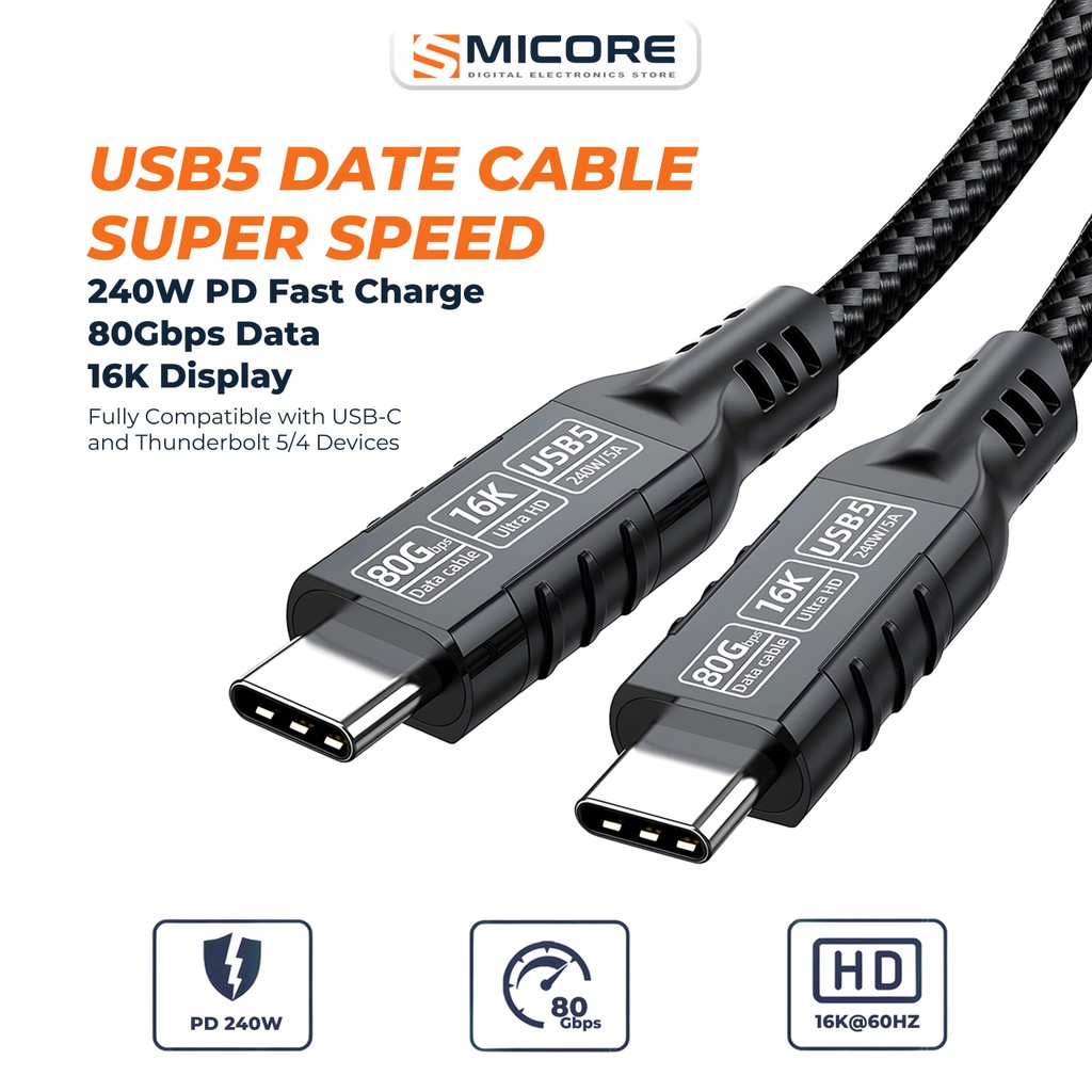 สาย USB5 Type-C to Type-C Thunderbolt5 80Gbps 240W ชาร์จเร็ว สายวิดีโอความเร็วสูง รองรับ Thunderbolt 4/3