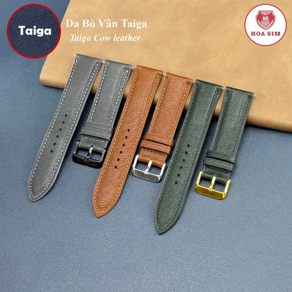 (สีเทา/เขียว/เหลืองวัว-เบาะยาว) สายนาฬิกาหนังวัวแท้ Taiga grain หรูหราหลายขนาด 18 19 20 21 22 24mm
