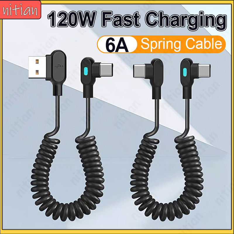 ข้อศอก 90 องศา USB Type C ถึง Type C สายเคเบิลข้อมูลโทรศัพท์ 120W Fast Charging รถฤดูใบไม้ผลิ Retractable สาย 6A ส่งข้อมูลสายชาร์จสําหรับ IOS 15/16/17