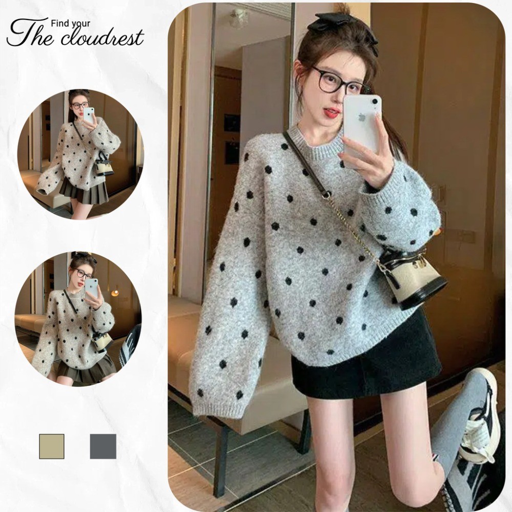 หนา ลายจุด เสื้อกันหนาวผู้หญิงฤดูใบไม้ร่วงฤดูหนาวใหม่แฟชั่นหลวมถักเสื้อกันหนาว